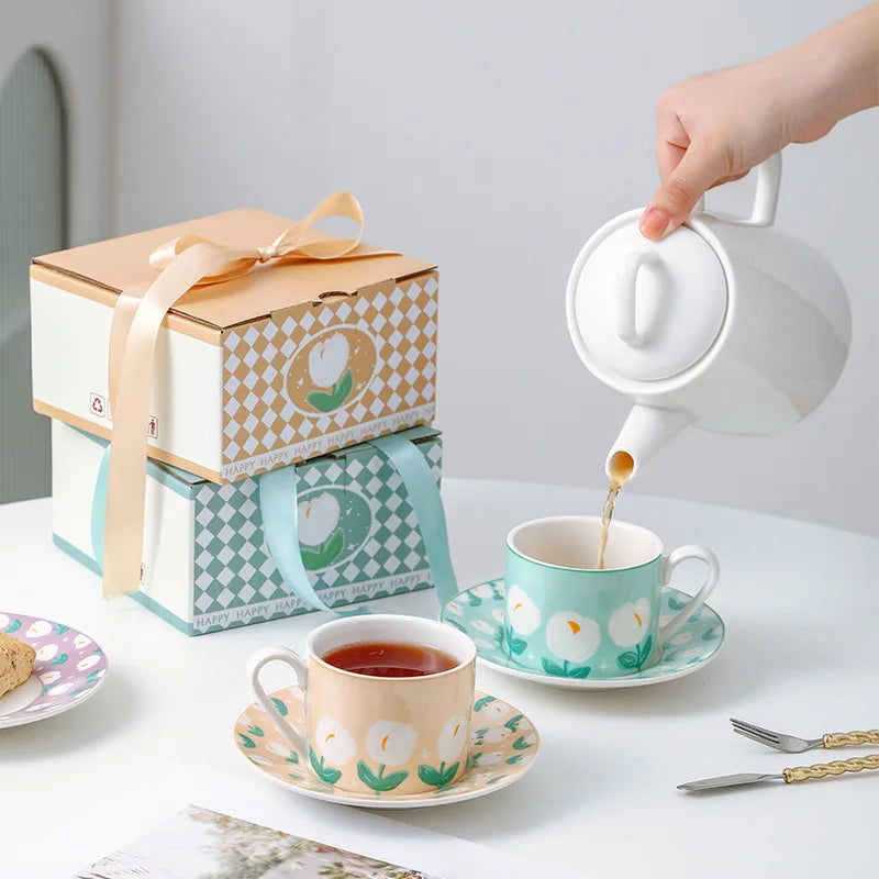 Ins Style Hand-Painted Tulip Ceramic Coffee Mug & Saucer Plate Set, for Breakfast Milk Drink Afternoon Tea Home Tableware Oasis Select