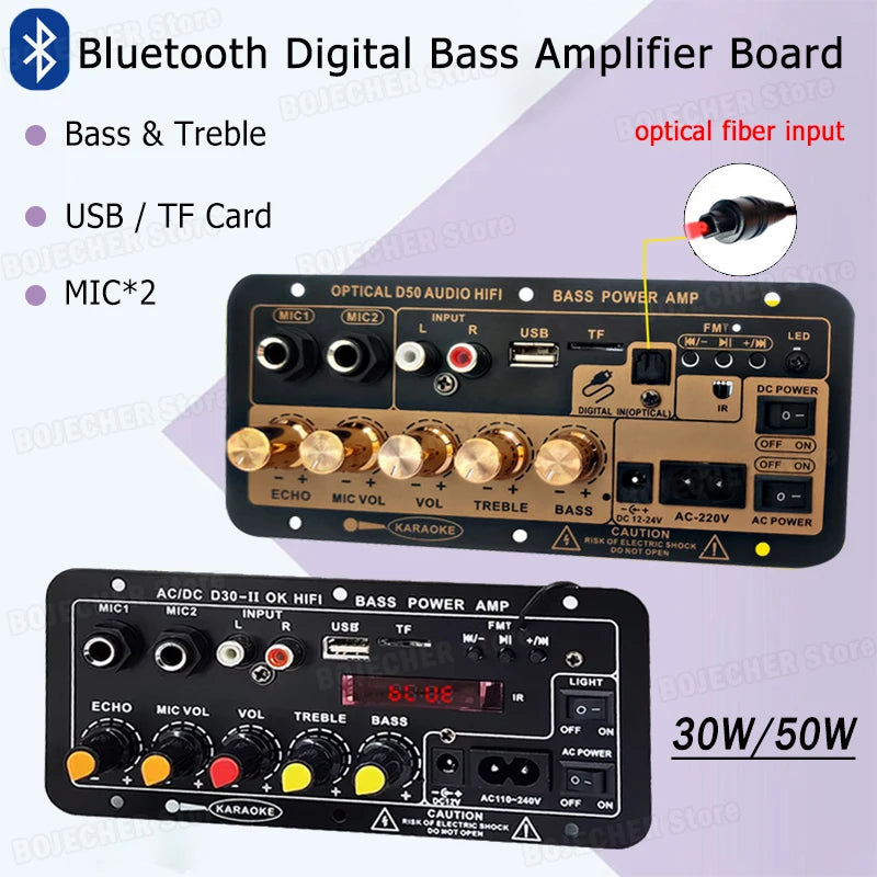 DC 12V Bluetooth 5.0 Digital Audio Amplifier Board AC 110V 220V Subwoofer Dual Mic Karaoke AMP Speaker Home Theater DIY 30W 50W Oasis Select