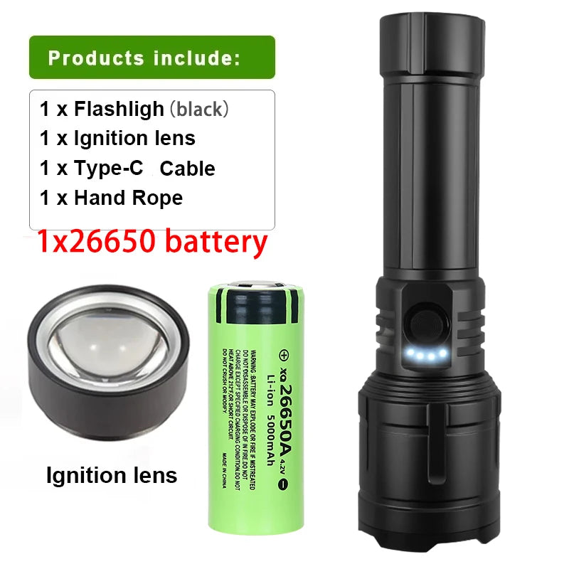 Powerful Flashlight Concentrating Ignition Flashlights Waterproof Type C Rechargeable Lamp Outdoor Camping Adventure Torch Oasis Select Black-5000mahBattery