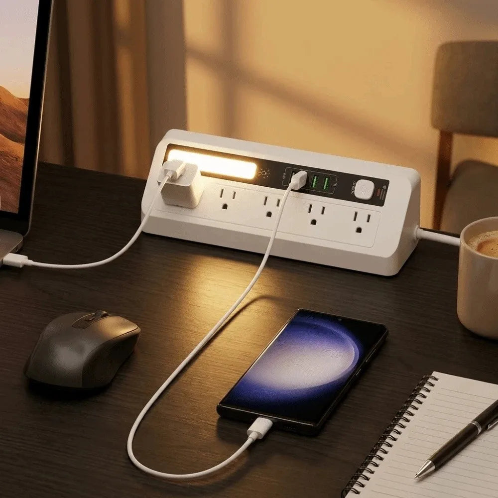 Touch Activated Desktop Charging Strip 3 Color 2AC 2USB Multi Outlet Power Socket Flame-Retardant Shell Lightweight Oasis Select
