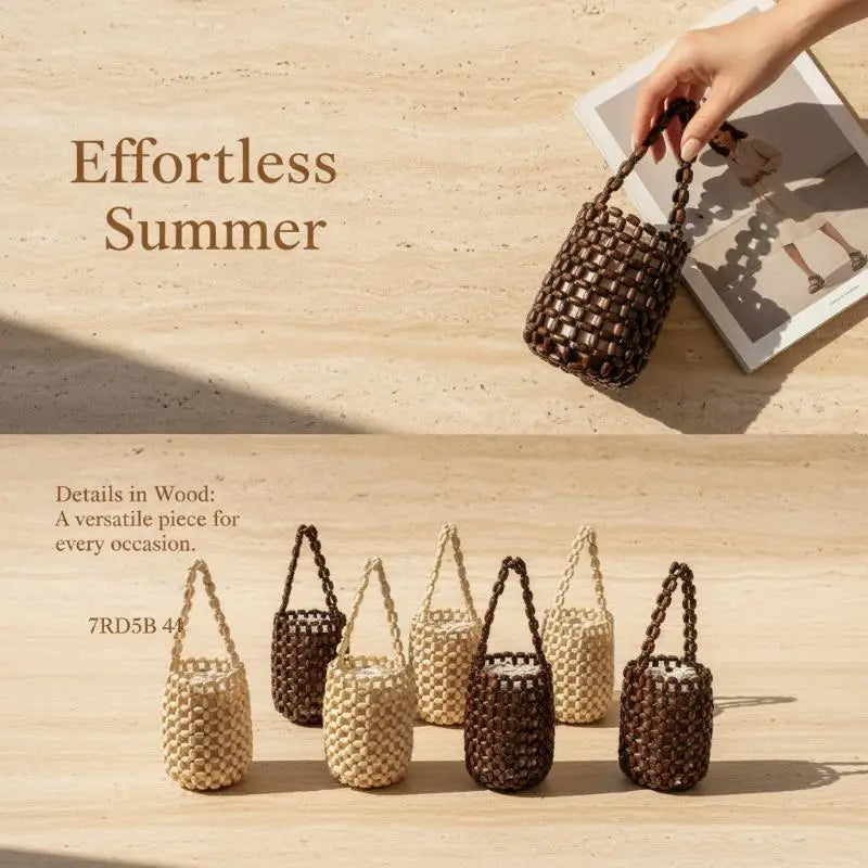 Retro Handmade Wooden Bead Woven Bucket Bag Creative Handbag Women Mini Hollow Bucket Bag Summer Wrist Bag Oasis Select