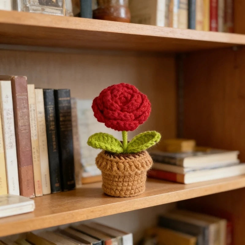 Handmade Knitted Flower Pot Red Heart Shaped Knit Imitation Potted Plant for Mother's Day Gifts Home Desktop Decor Oasis Select