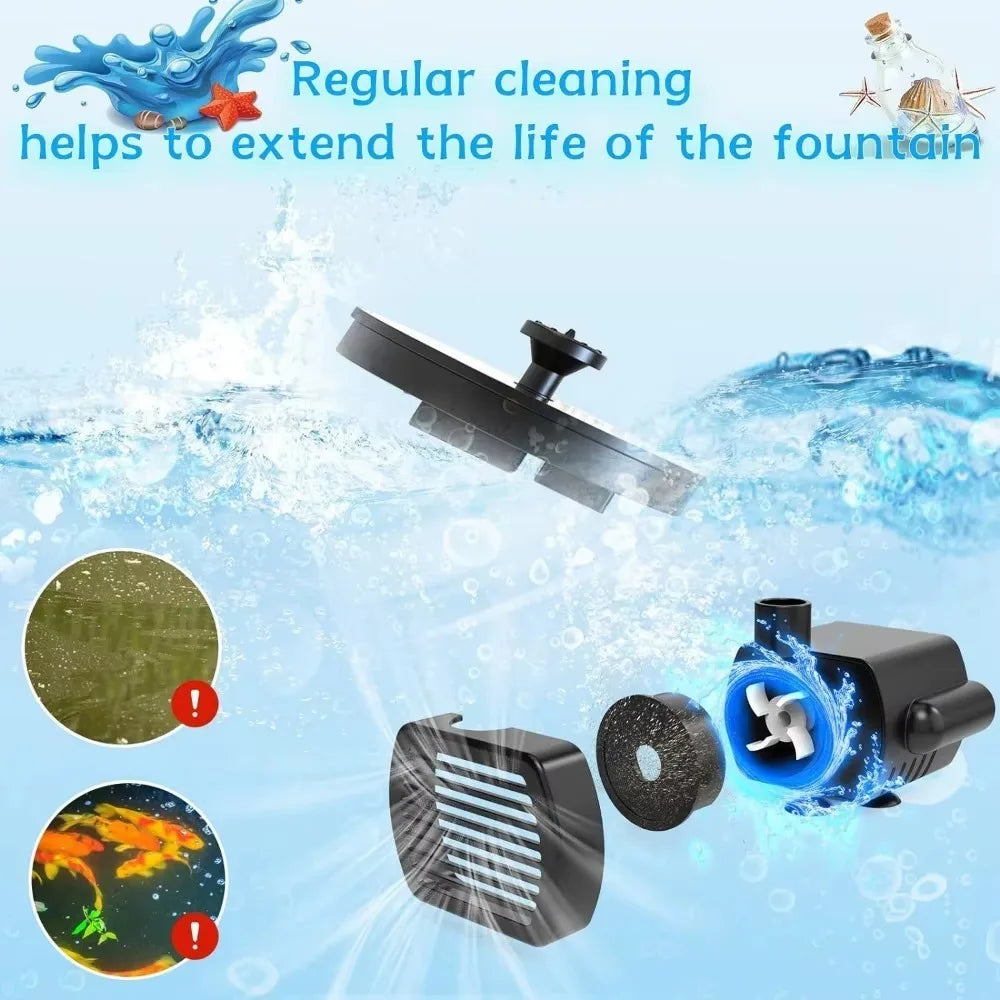 Outdoor Solar Fountain, Solar Water Fountain with 6 Nozzles Various Water Features and 4 Stabilizing Bar, DIY Garden Bird Bath Oasis Select