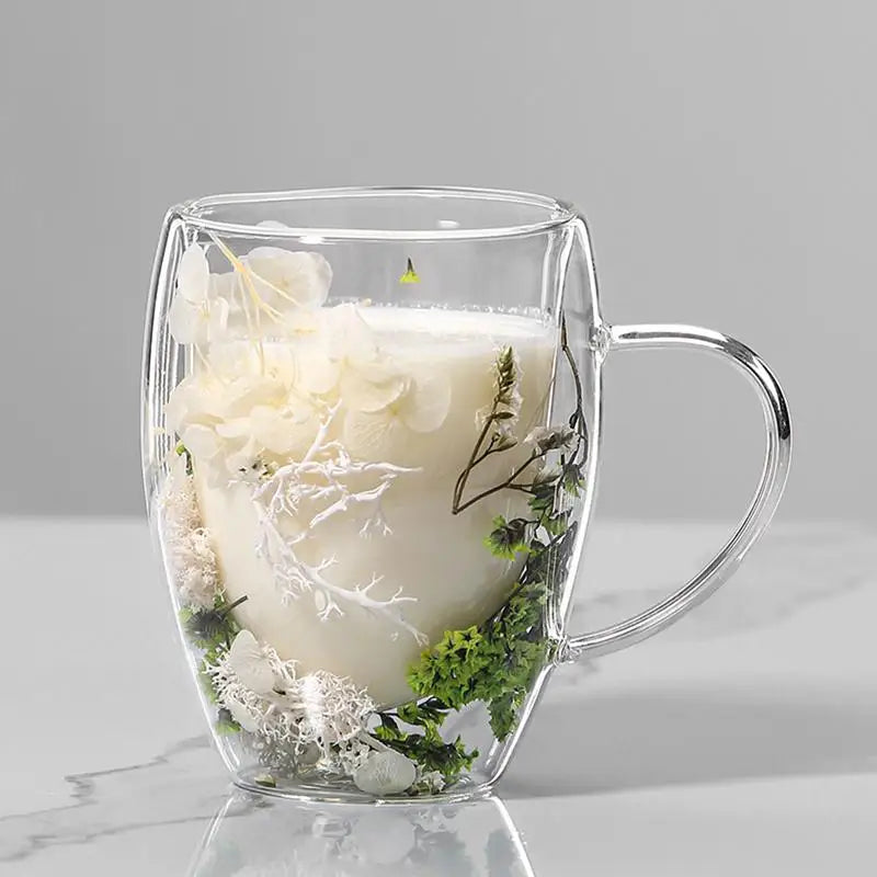 Double Wall Glass Cup Dried Flowers Glass Cup 350ml Anti-Scalding Mug Coffee Mug for Milk Chocolate Tea Juice Hot Cold Beverages Oasis Select