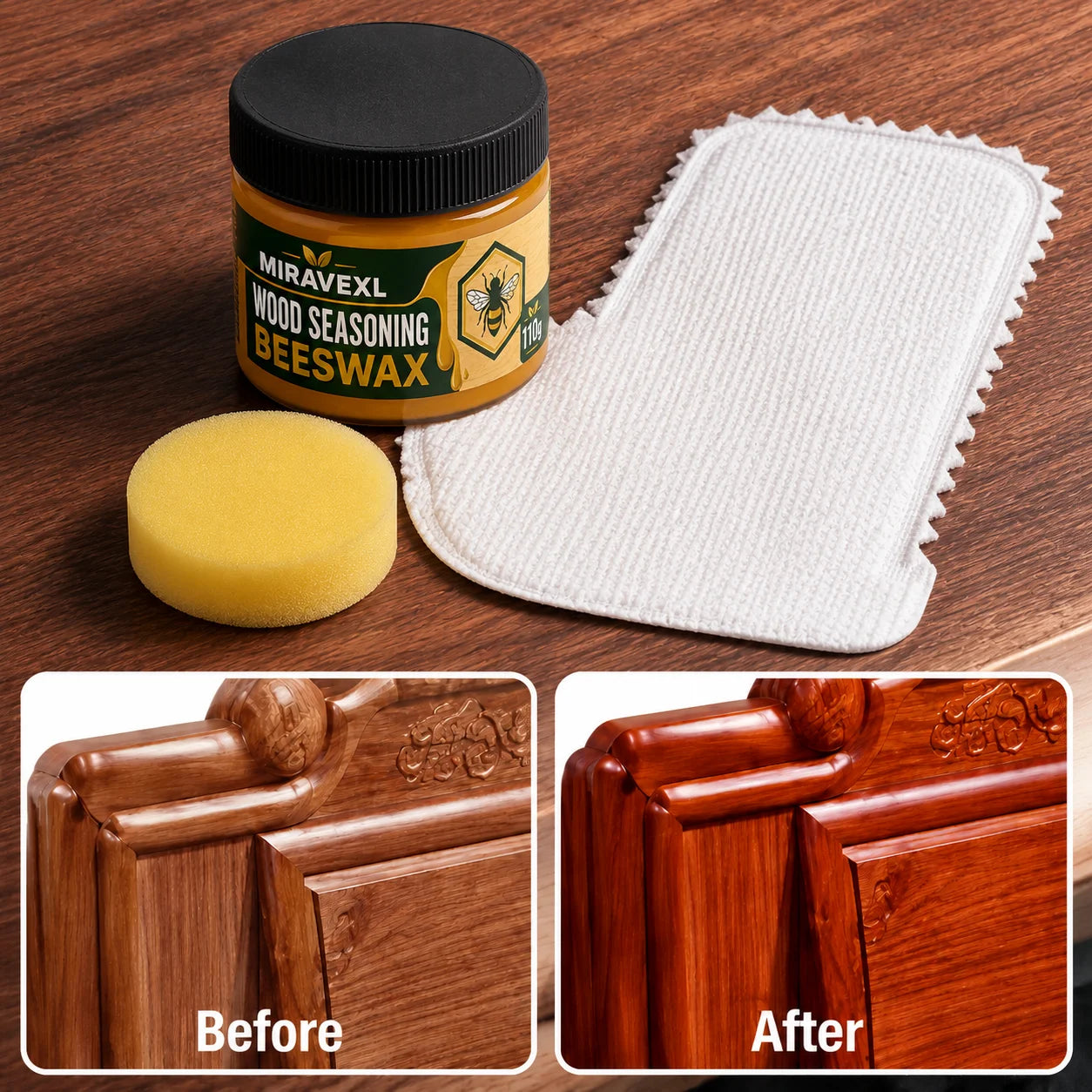 Wood Seasoning Beeswax 30g/110g Furniture Polish Wax Kit with Sponge 10 Lazy CleaningGloves for Wood Care Maintenance Clean Kit Oasis Select