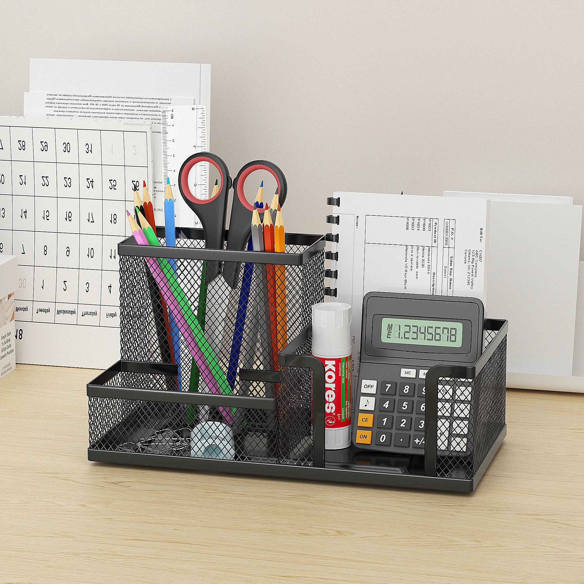 Mesh Desk Organizer Office Supplies Caddy with Pencil Holder and Storage Baskets for Desktop Accessories, 3 Compartments, Black Oasis Select