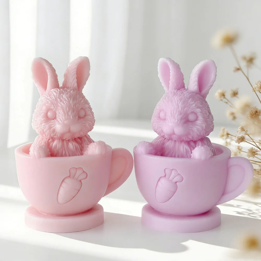 3D Tea Cup Rabbit Candle Silicone Mold DIY Bunny Plaster Mould Soap Resin Crafts Mold Ornament Easter Decoration Home Gift Oasis Select