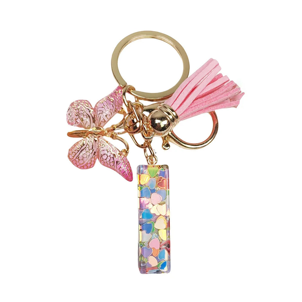 1pc Pink Glitter Letter Keychain with Heart Butterfly Tassel Crystal Resin Charm Fashion Accessory Gift for Women & Girls Oasis Select I