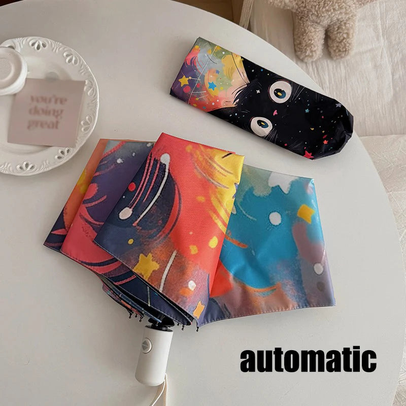 Cute Star Kitten Sunscreen Umbrella Women's Weather Umbrella UV Resistant Sun Umbrella Automatic Portable Folding Umbrella Oasis Select automatic 8K