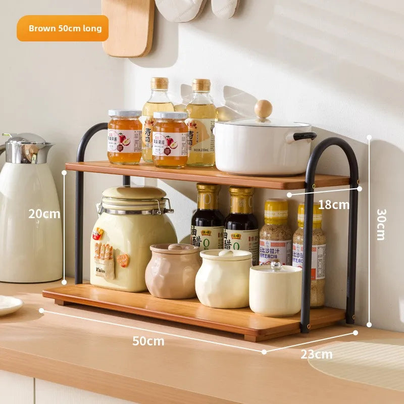 Double-layer kitchen seasoning rack rack household seasoning salt tank multi-functional multi-layer storage rack Oasis Select Brown 50 long