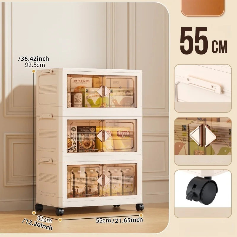 Foldable 55cm Width Plastic Storage Box Wheeled Multi-layer Clothing Cabinet Organizer for Books/Kitchen Supplies/Wears Oasis Select 55cm-Cream-3 Layers
