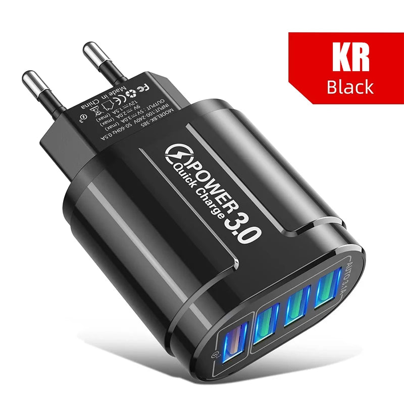 48W QC3.0 Quick Charger 4USB EU Standard Travel Portable 4 Port Fast Charging Suitable For Android iPhone Xiaomi Other Devices Oasis Select KR Black