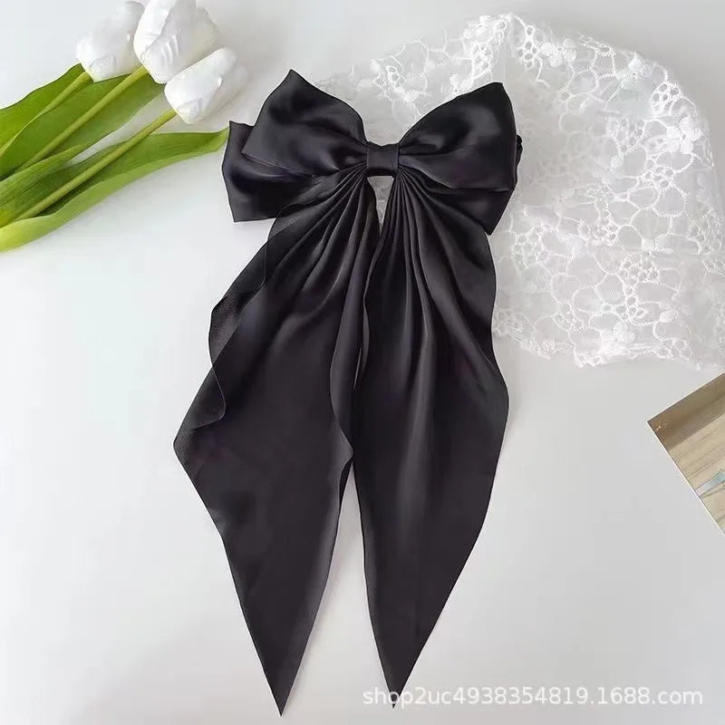Oversized Satin Bow Hair Clip with Long Ribbon Elegant Solid Color Hairpin for Women Girls Party Daily Hairstyling Oasis Select