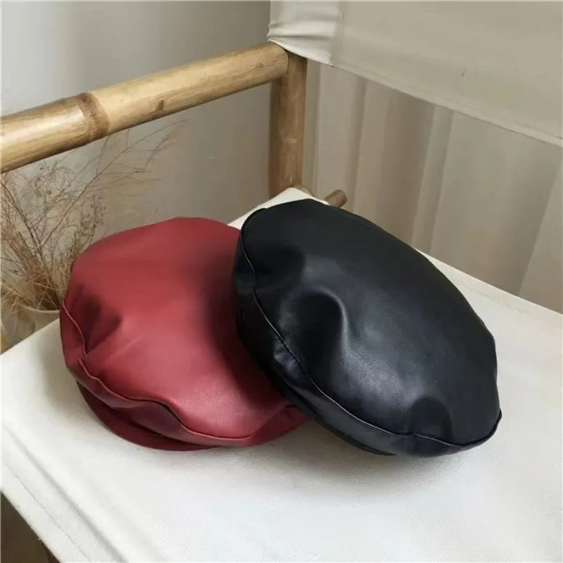Women Girl Beret Hat French Retro Artist Beanie Hat Elegant Solid Color PU Leather Lady Painter Cap Spring Autumn Lady Berets Oasis Select