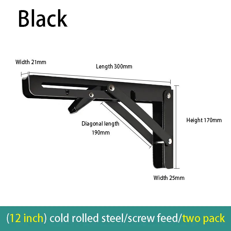 2PCS Thickened stainless steel folding bracket triangular bracket right angle holder wall shelf layer board bracket Oasis Select black-12inch 2pcs