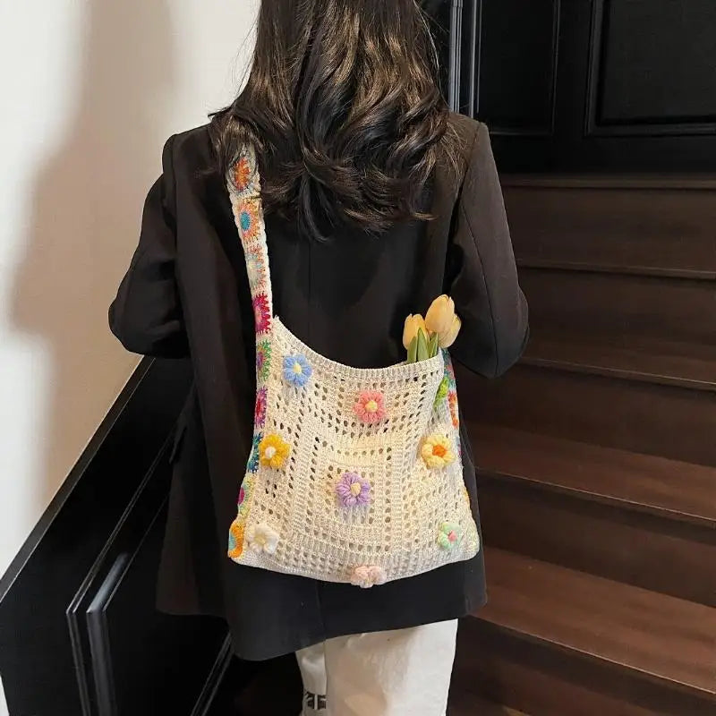 Women's Crochet Bag Designer Flowers Knitted Handbags Large Capacity Summer Beach Woven Shoulder Bag Girls Tote Shopper Bag Oasis Select