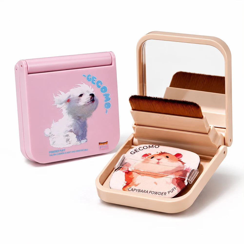 Foldable Compact Makeup Mirror Case Cute Hamster Pattern Soft Foundation Brush & Skin-friendly Powder Puff Pocket Beauty Kit Oasis Select