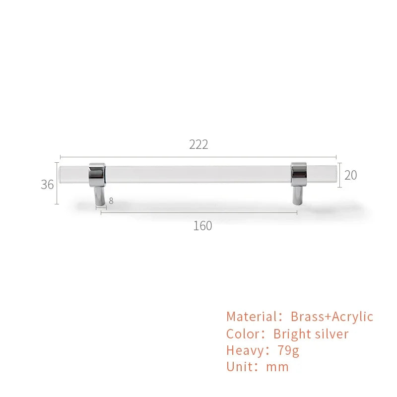 Brass Transparent Furniture Handles Modern Minimalist Acrylic Silver Gold Wardrobe Cupboards Dresser Drawer Kitchen Knobs Oasis Select B4-160mm