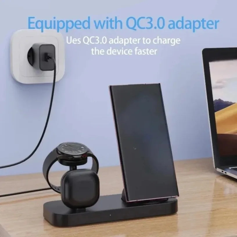 Dual Coil 3 in 1 Wireless Charging Stand Ventilation Hole Overheat Protection Wireless Charger for Samsung Phone Watch Earphones Oasis Select