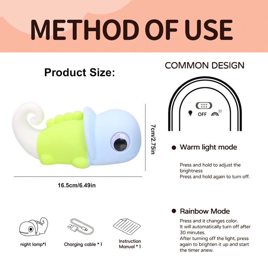 LED Chameleon Night Light Touch-Control Silicone Bedside Lamp Dimmable Rechargeable Room Decor Lamp Baby Sleep Night Light Oasis Select