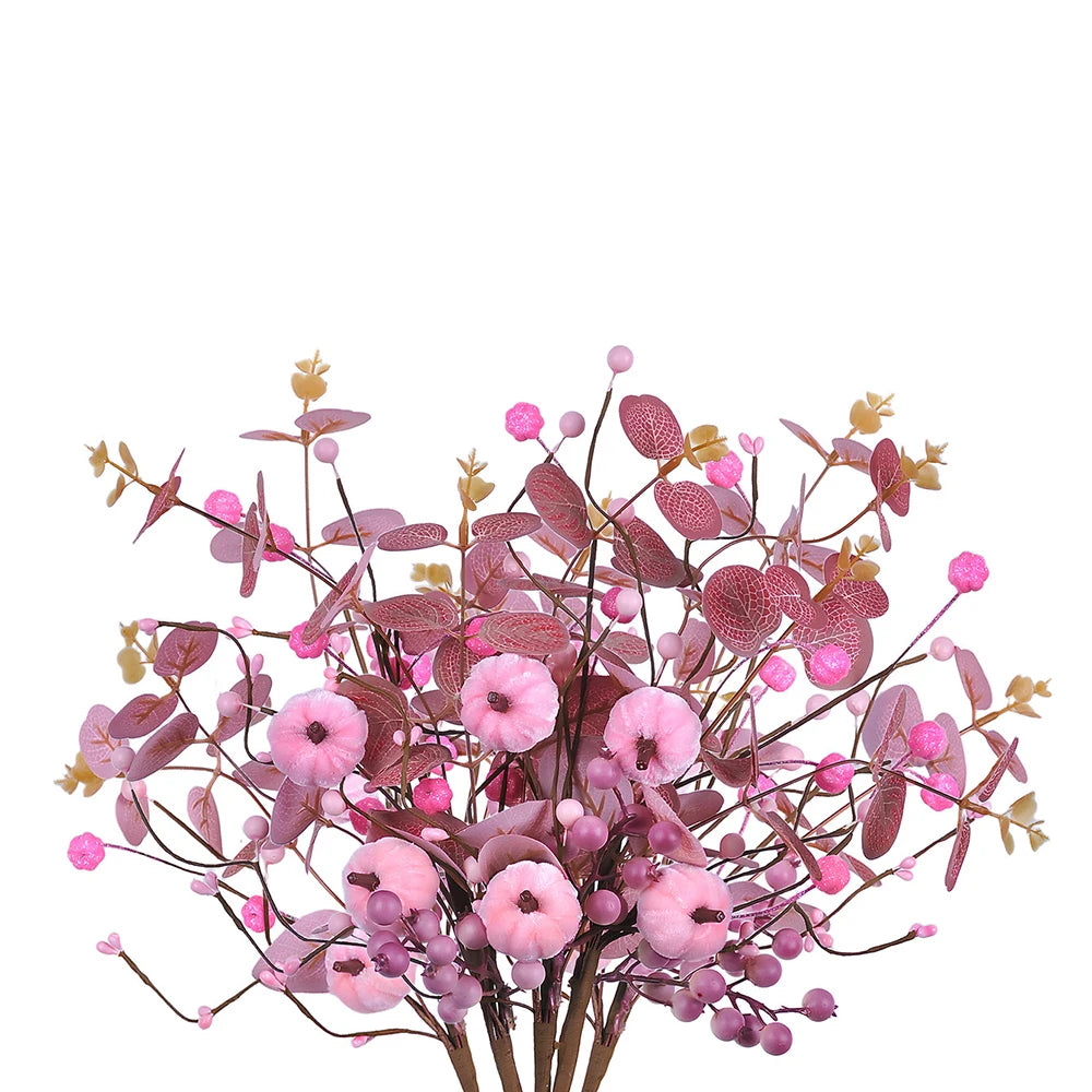 Artificial Pink Velvet Pumpkin Eucalyptus Leaf Pick Harvest Thanksgiving Pumpkin Bouquet Pink Pumpkin Branch Table Decoration Oasis Select