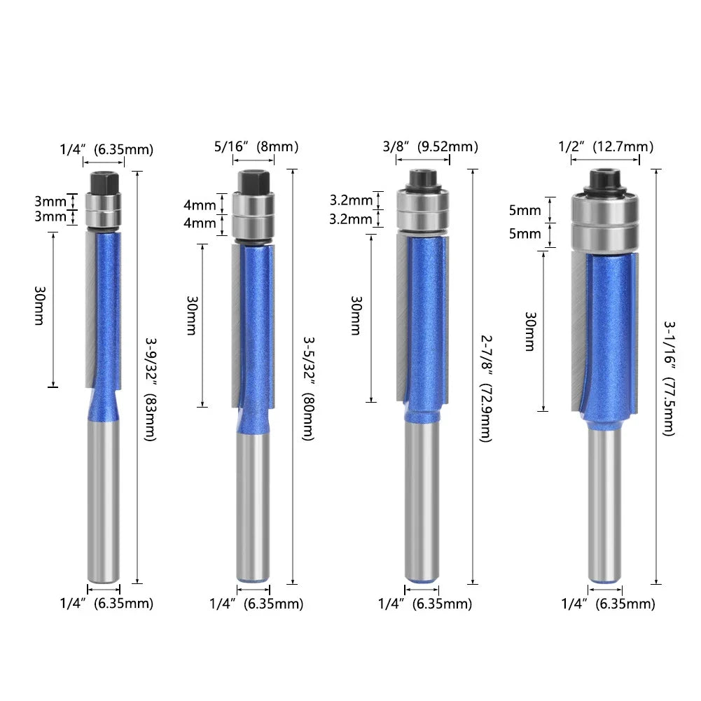 Sparkling Silver-Blue Double Bearing Flush Trim Router Bit 1/4" Shank Dual Cutting Blades for Woodwork Tool Electric Accessories Oasis Select