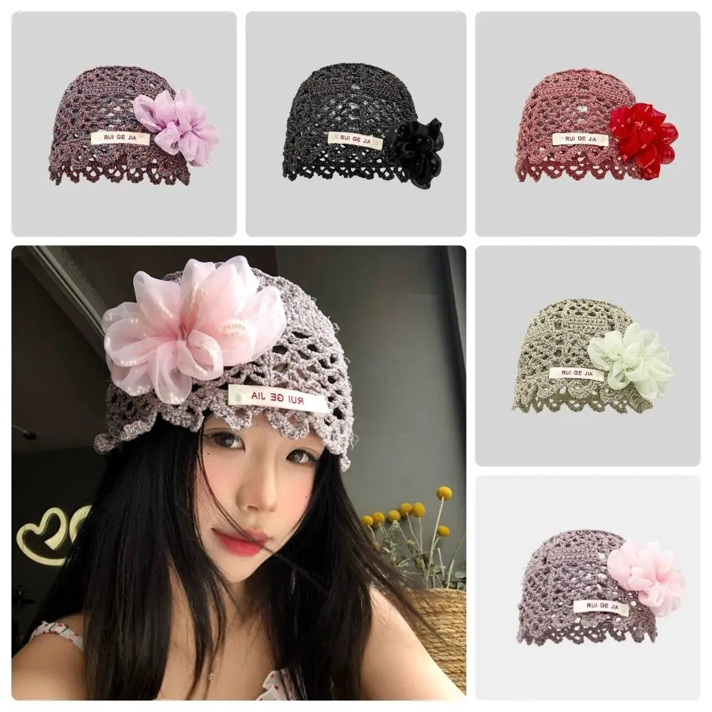 French Breathable Hollow Pullover Hats 3D Flower Hollow Out Beanies Cap Knitted Hat Summer Oasis Select