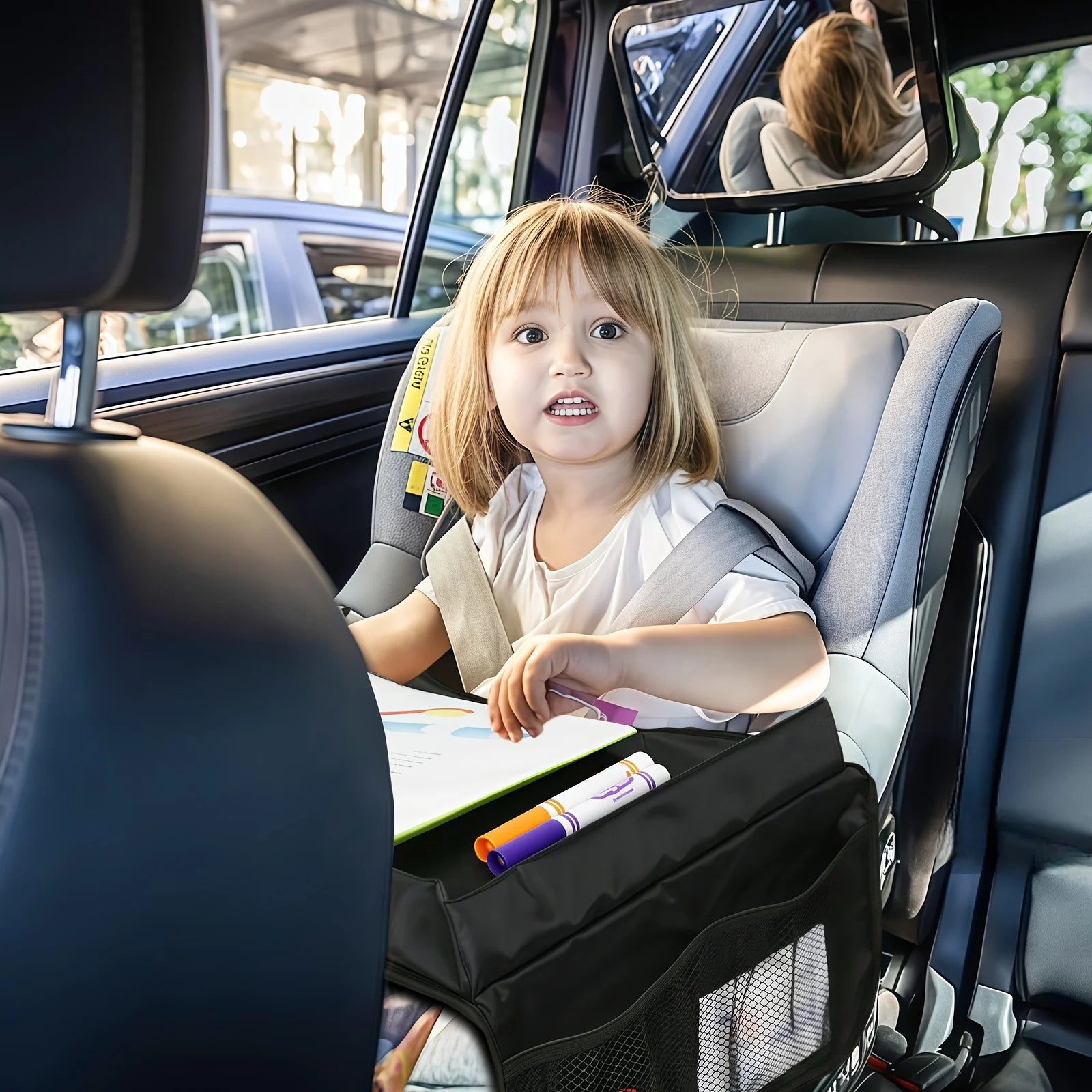 Foldable & Expandable Car Seat Travel Tray with Multiple Storage Pockets - Lightweight, Wall-Mountable Design for Airplane, Car Oasis Select