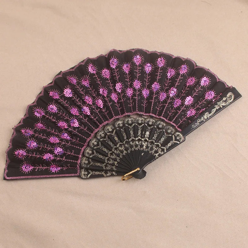 Silk Fan Folding Fan Wedding Art Gifts Peacock Sequin Dancing Fan Hand Held Fan Home decoration Oasis Select D