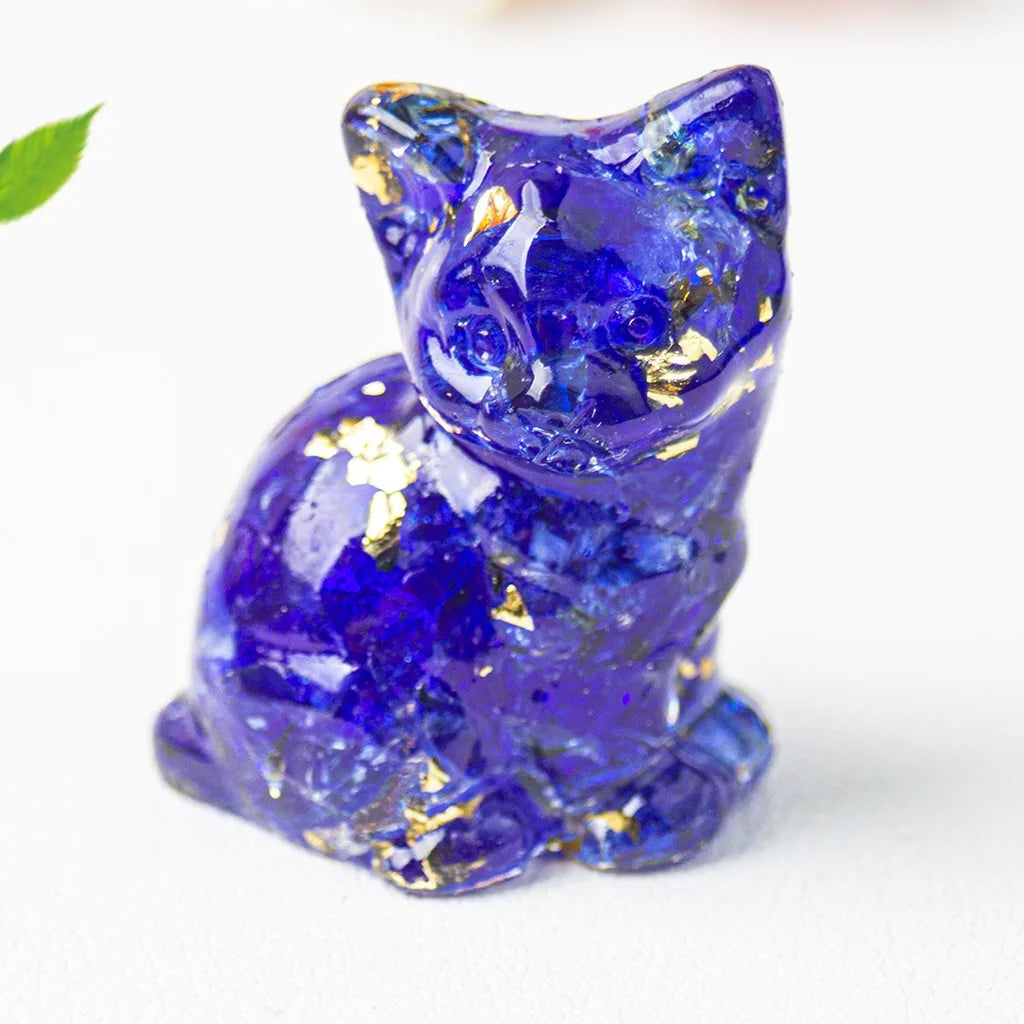 Natural Crystal Gravel Resin Sitting Turning Face Cat Figurine Gold