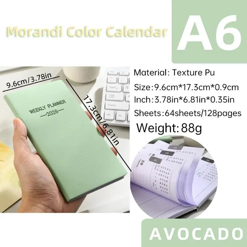 1pc A6 Size 2026 Daily Planner, Morandi Color Leather Calendar, 64 Sheets 128 Page Thin Weekly Calendar Book Oasis Select A4
