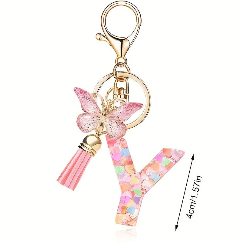 1pc Pink Glitter Letter Keychain with Heart Butterfly Tassel Crystal Resin Charm Fashion Accessory Gift for Women & Girls Oasis Select Y