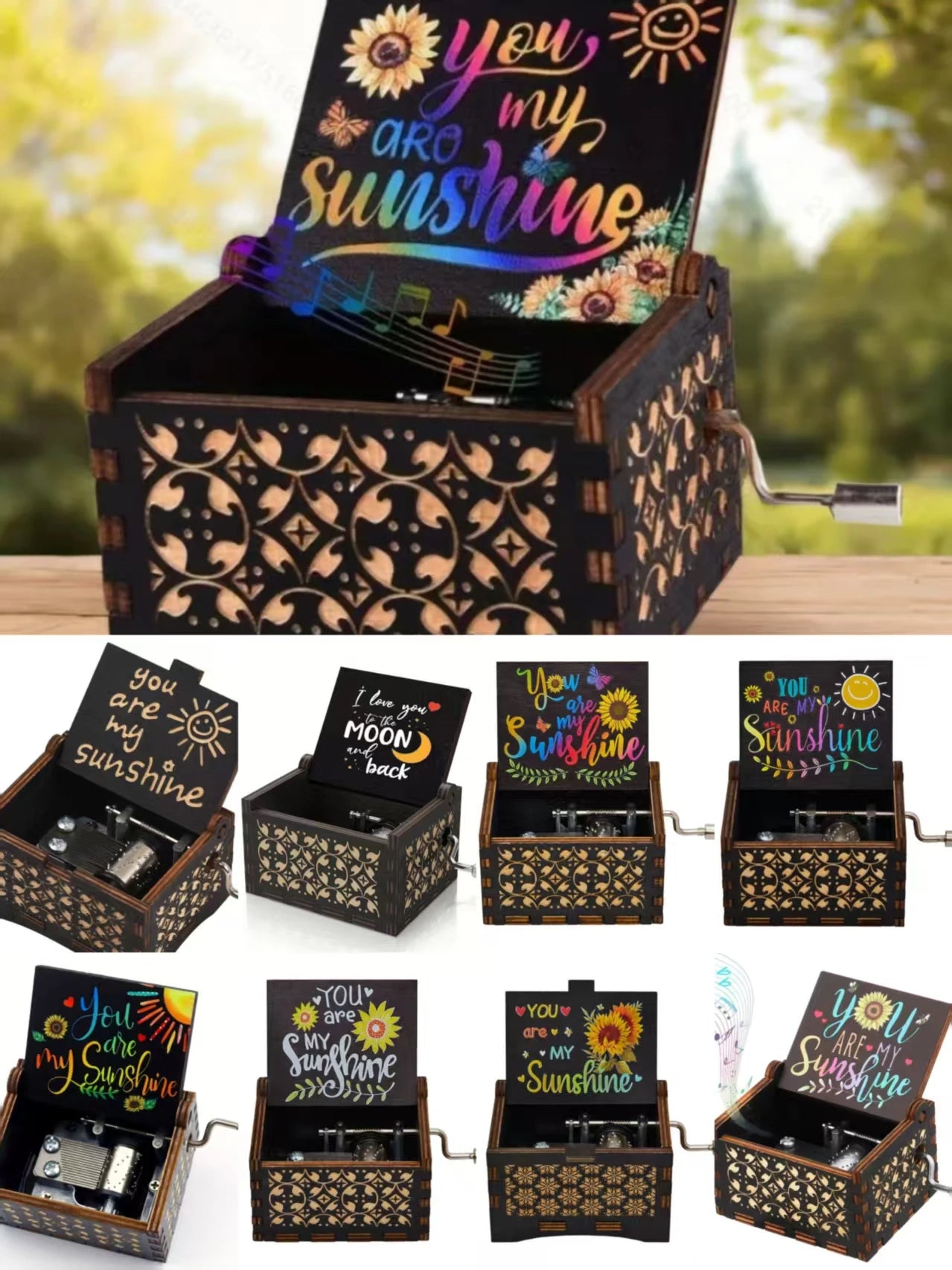 Wooden hand cranked music box, you are my sunshine music painting boutique gift, music box Oasis Select