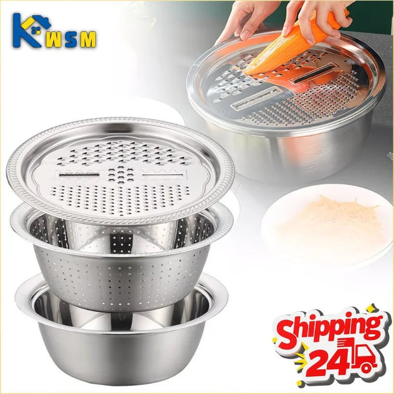 3-in-1 Stainless Steel Grater Bowl with Colander & Slicer