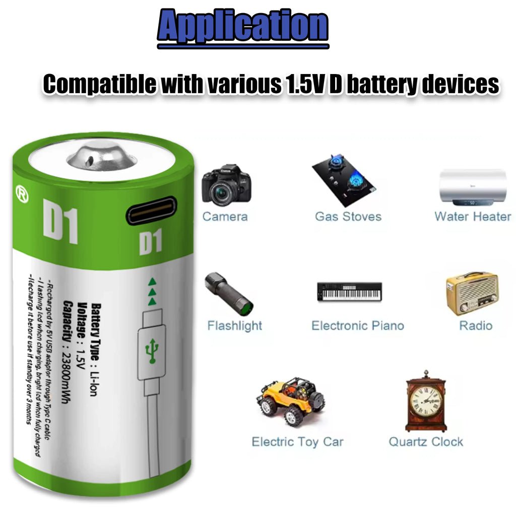 1.5V 23800mWh USB Rechargeable D Size Battery LR20 D Cell Lithium Battery for Gas Cooker Water Heater Flashlight Radios Oasis Select