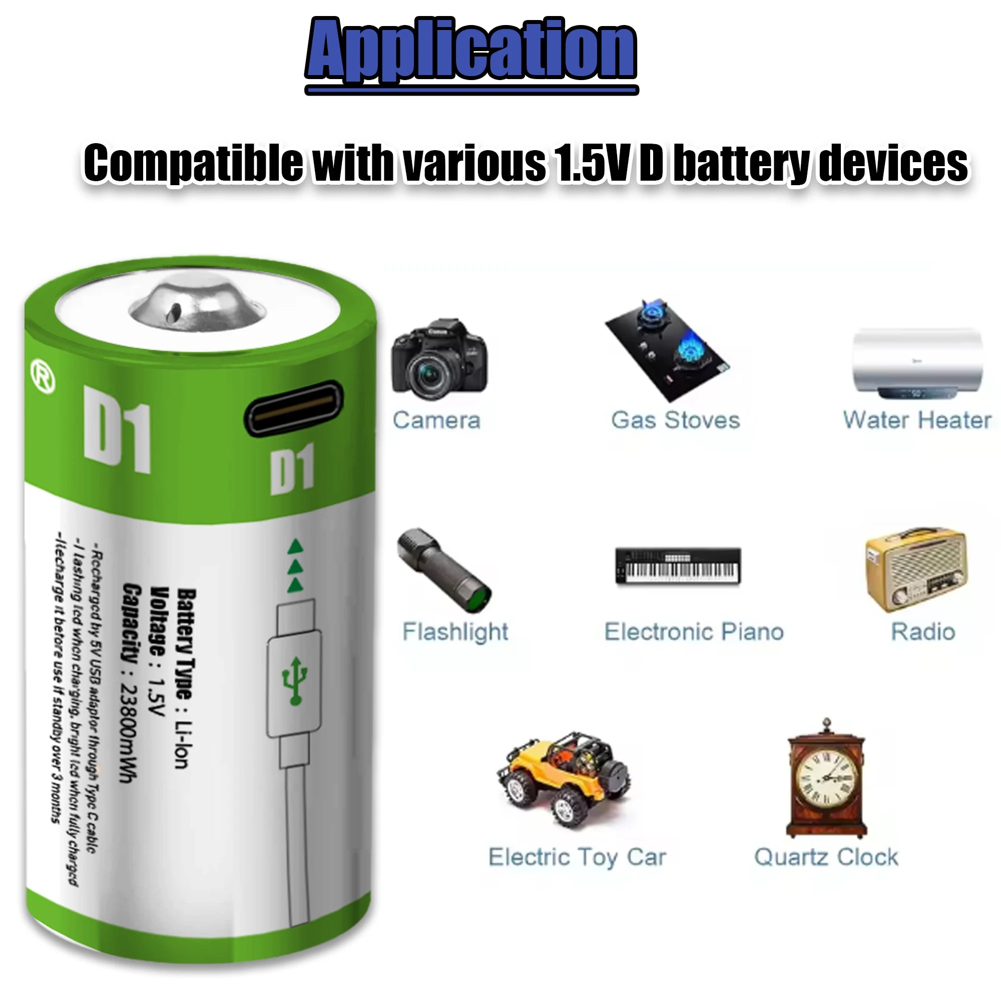 1.5V 23800mWh USB Rechargeable D Size Battery LR20 D Cell Lithium Battery for Gas Cooker Water Heater Flashlight Radios Oasis Select
