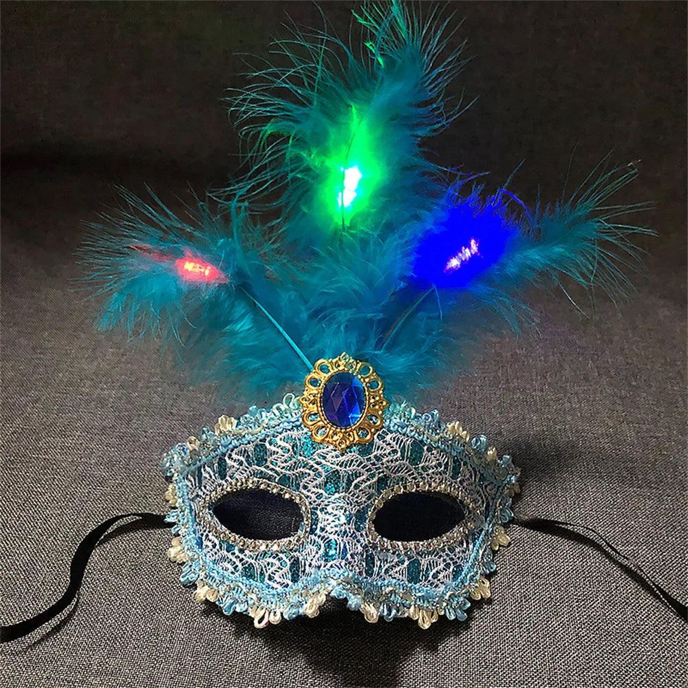 Women LED Party Mask Masquerade Luxury Peacock Feathers Half Face Mask Cosplay Costume Venetian Mask Oasis Select Blue