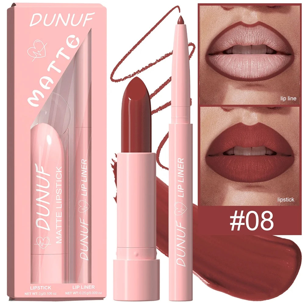 DUNUF 12-Color Matte Lipstick & Lip Liner Set – Waterproof