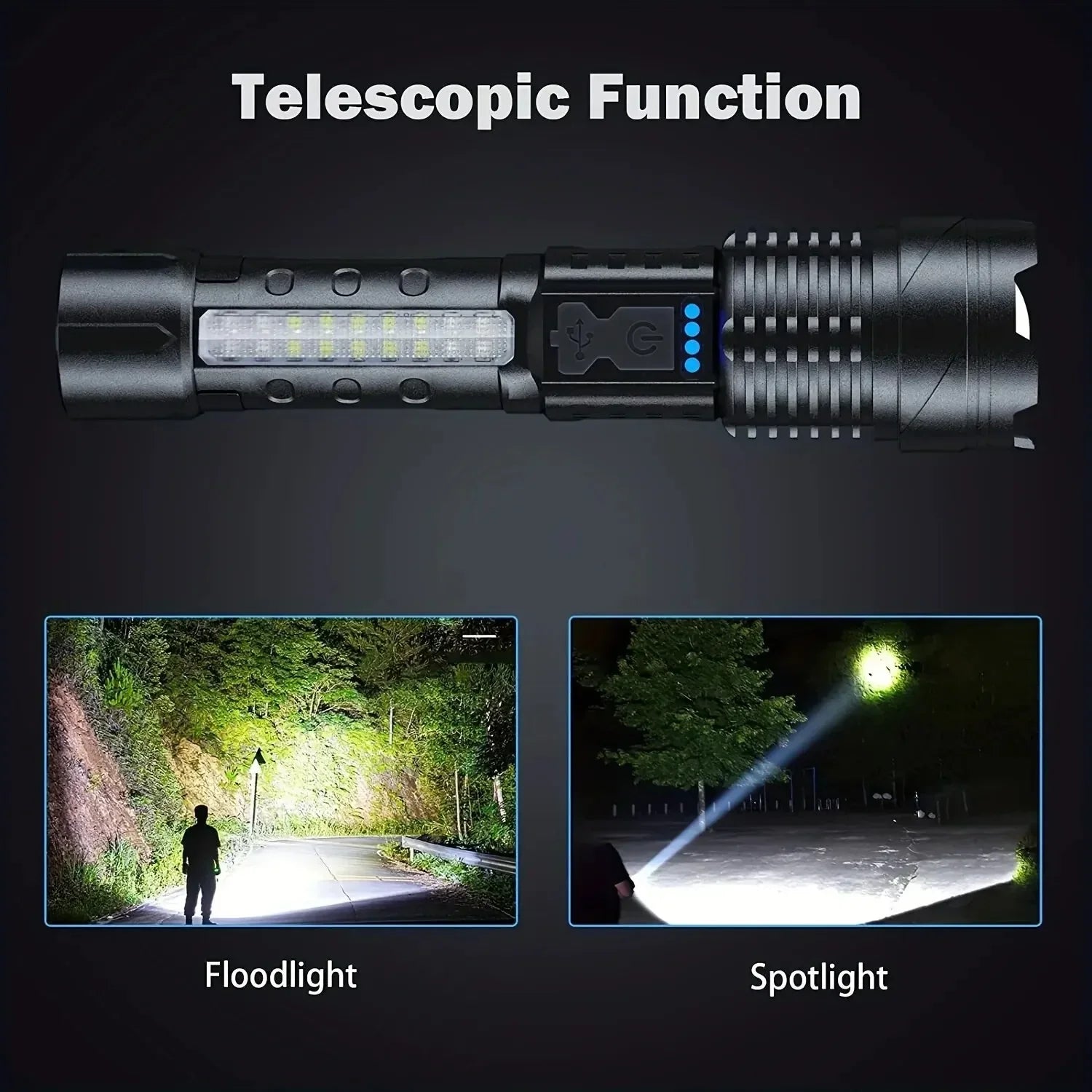 1pc Super Powerful Rechargeable Torch Flood Light With Side Light For Outdoor Camping, Fishing, Hunting, Climbing, Adventure Eme Oasis Select