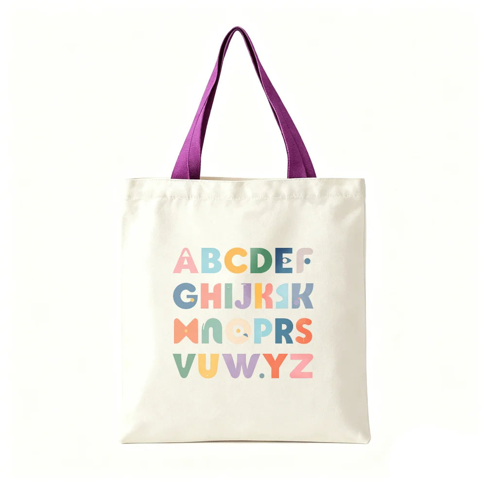 Colorful ABC Alphabet Canvas Tote Bag Large Capacity Eco Reusable Shopping Shoulder Bag Women Teacher Student School Handbags Oasis Select Purple