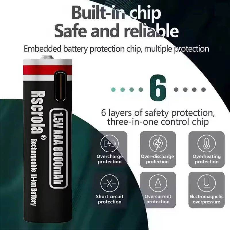 1.5V AAA Rechargeable Li-ion Battery 8000mAh Type-C USB Fast Charging for Toys Shaver Smart Home Devices Oasis Select