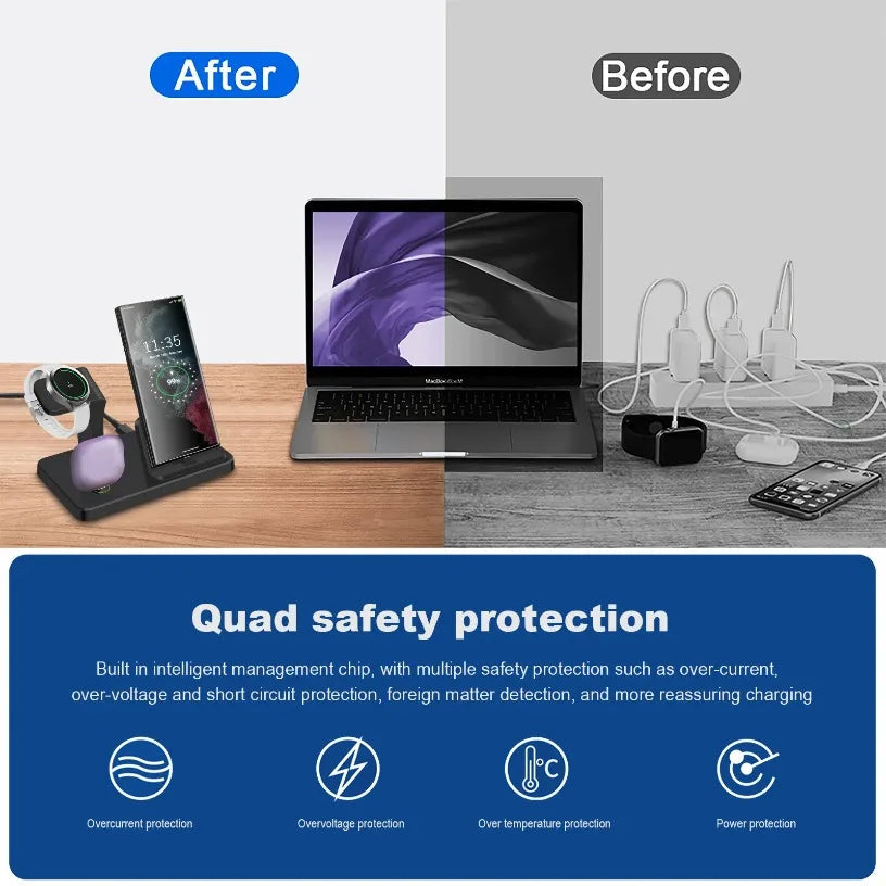 Multifunctional 3 in 1 Desktop Fast Wireless Charger for Samsung S24 S23 S22 Note 20 Z Flip Z Fold for Galaxy Watch 7 6 5 Pro 4 Oasis Select