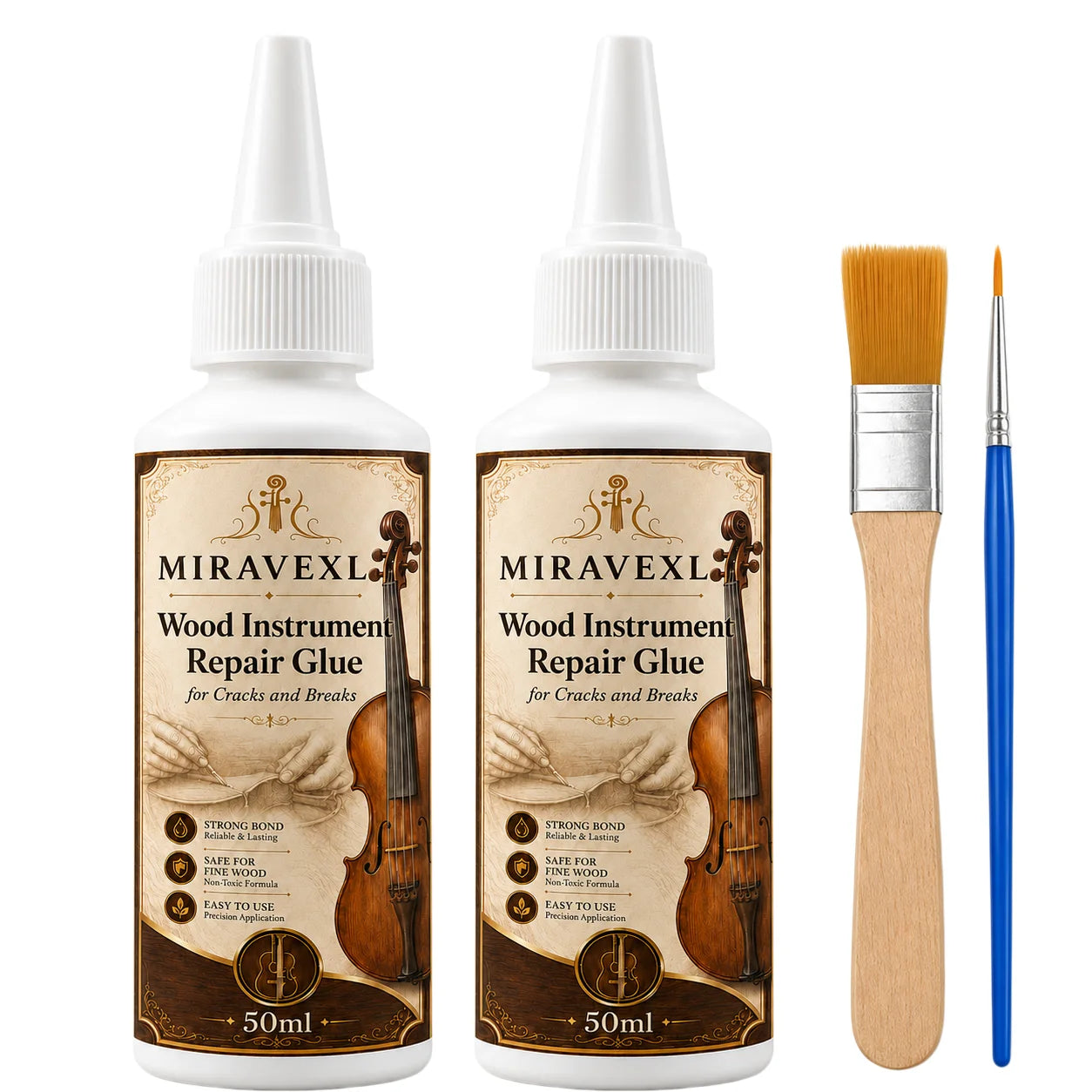 Wood Instrument Repair Glue 50ml Set Flat Brush Detail Brush for Guitar Violin Cello BridgeNeck Crack Fix Adhesive Kit Pack Pro Oasis Select 2 bottles