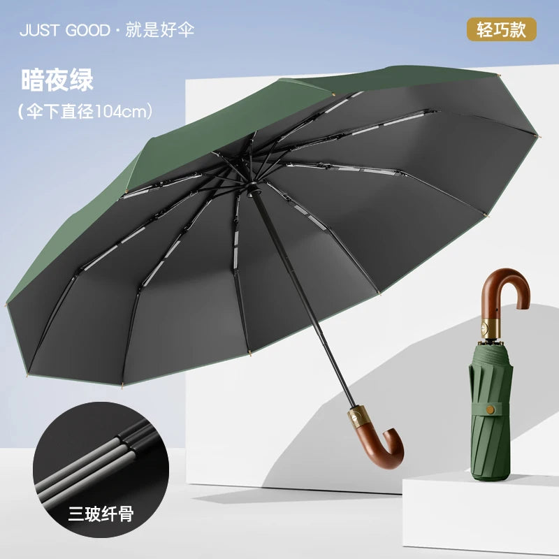 Automatic Umbrella Bent Hook Wooden Handle Umbrella Large Double Thickened Storm Resistant Umbrella Oasis Select Green 104cm 10K metal-fiber composite