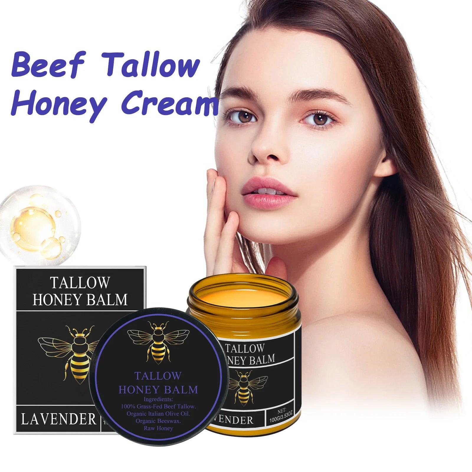 Beef Tallow Honey Cream Moisturizing Firming Soft Smoothing Skin Soothing Reduce Redness Hydrating Nourishing Tallow Honey Balm Oasis Select