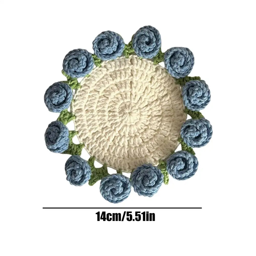 Knitting Coaster Handmade Knitting Romantic Coaster Aesthetic Soft Vintage Pad DIY Vintage Crochet Rose Bouquet Material Kit Oasis Select Blue