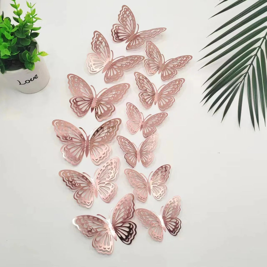 12Pcs 3D Hollow Butterfly Wall Decal Mirror Wall Stickers For Kids Room Home Wall Decoration Fridge Sticker Wedding Party Oasis Select MG 120x100x80mm