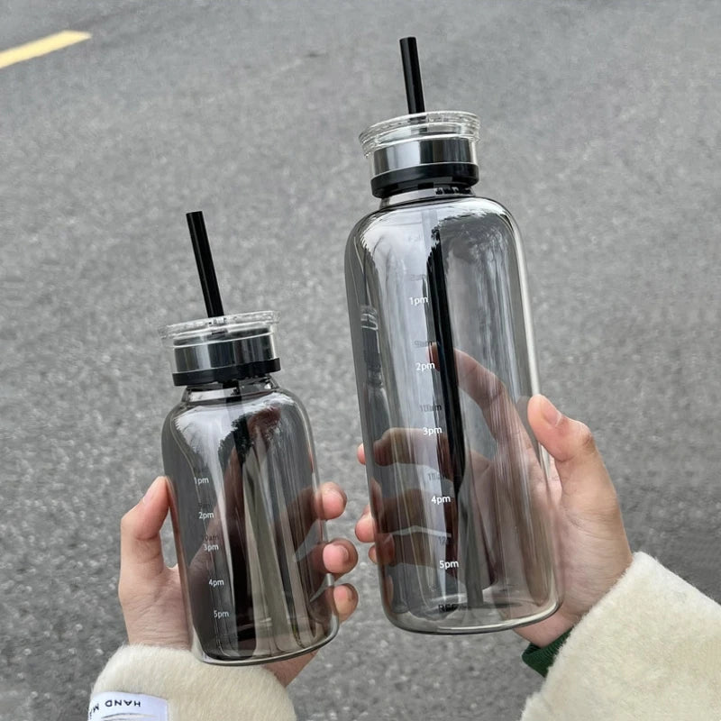 300/500/750ml Large Glass Water Bottle with Straw 2 Lids Clear Kawaii Drinking Bottle Leakproof Iced Coffee Cup for Woman Girl Oasis Select