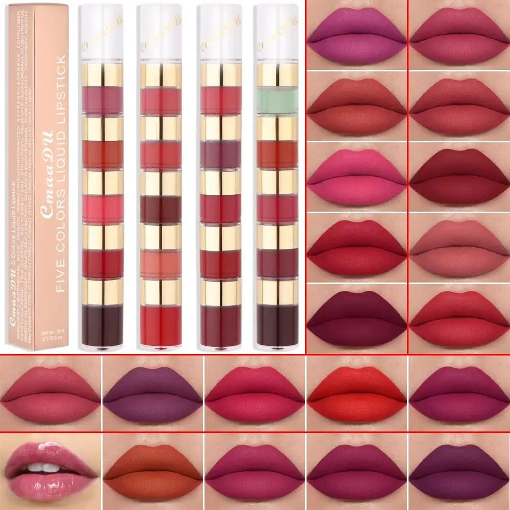 CmaaDu 5-in-1 Matte Lip Gloss Set – 5 Colors, Waterproof Vegan