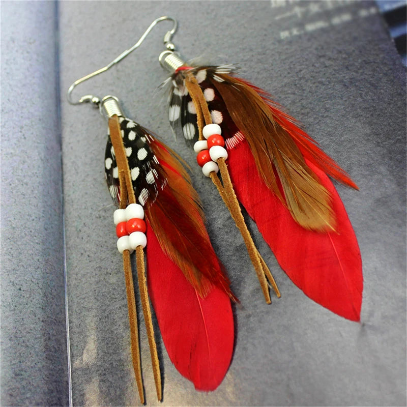 Tassel Dangling Earrings Colorful Feather Leather Beads Earrings Indian Feathers Summer Womens Fashion Jewelry Oasis Select MR-03